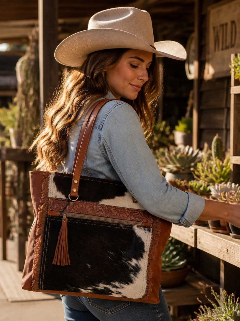 Myra Cowhide Tooled Leather Tote Bag Western Boho Floral Fringe Shoulder Bag - Picture 2 of 12